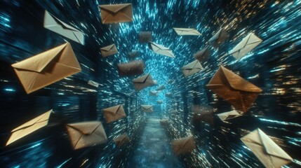 Poster - Envelopes fly against a glowing blue backdrop, highlighting the speed of digital communication.
