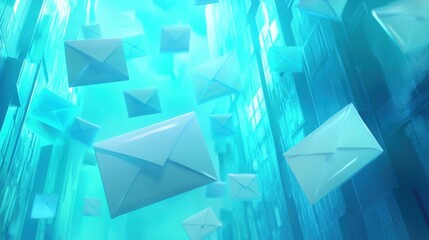 Poster - Envelopes fly against a glowing blue backdrop, highlighting the speed of digital communication.