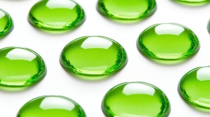 Poster - A close-up of glossy green droplets arranged in a pattern on a white surface.
