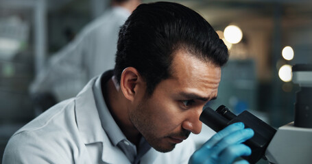 Aufkleber - Man, microscope and scientist research in laboratory for experiment, medical analysis or biotechnology. Test, science and microbiology for medicine development, healthcare innovation and pharma study