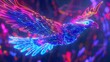 © MyDorkyDolphin - A dazzling neon wireframe depiction of a cartoon bird in mid-flight, with luminous feathers and colorful glowing patterns. 8k UHD, suitable for high-quality printing or digital display.