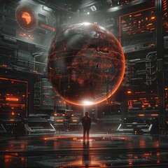 Poster - futuristic global network control room man observing earth hologram