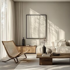 Poster - Minimalist Interior Design Mockup with Unique Wooden Chair and Natural Light in Scandinavian Style