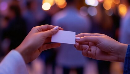 Two hands exchanging a blank business card in a blurred social setting.