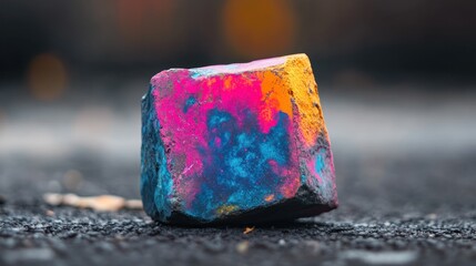 Poster - A vibrant, multicolored rock resting on a surface, showcasing artistic patterns and colors.