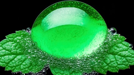Poster - A vibrant green bubble resting on leaves with bubbles, evoking freshness and nature.