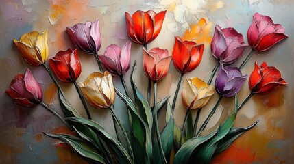 Aufkleber - Vibrant Tulip Floral Artwork in Impressionist Style with Textured Oil Paint Techniques and Soft Natural Lighting
