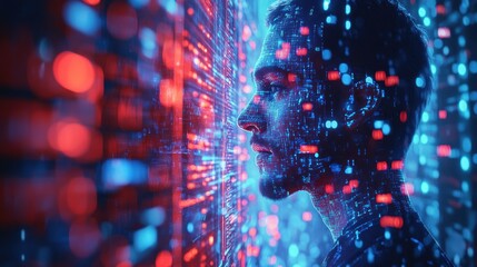Aufkleber - Cybersecurity Threat Analysis Portrait of IT Specialist in Digital Data Streams with Cyberpunk Influence