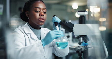 Poster - Scientist, black woman and beaker with microscope for biochemistry, experiment and pathology research. Chemical, analysis and pipette for liquid inspection, pharmaceutical development and DNA study