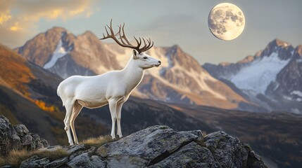 A majestic white deer with perfect antlers, on the mountain and the beautiful view of the full moon at night