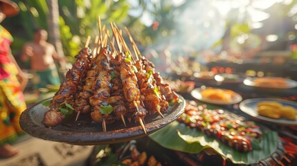 Wall Mural - Delicious Grilled Chicken Satay Skewers at Tropical BBQ Feast