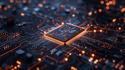 Poster - Complex electronic circuit board with glowing orange lights, representing the power of technology and innovation.