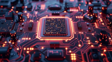 Poster - Complex electronic circuit board with glowing orange lights, representing the power of technology and innovation.