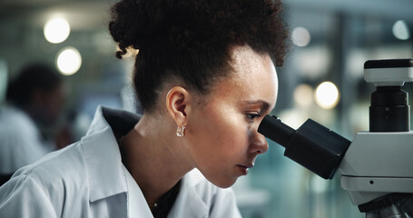 Aufkleber - Woman, microscope and scientist in research lab for experiment, test analysis or biotechnology investigation. Equipment, science or microbiology for medical development, healthcare and pharma study