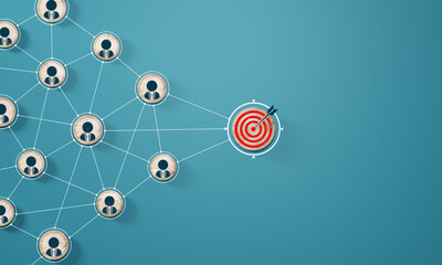 red dartboard and red arrow connection linkage with human icon for customer focus target group and c
