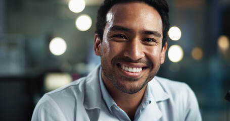 Aufkleber - Man, scientist and portrait with happy, vaccine work and professional with confidence from research. Smile, laboratory and science opportunity with Asian male employee and pharmaceutical job
