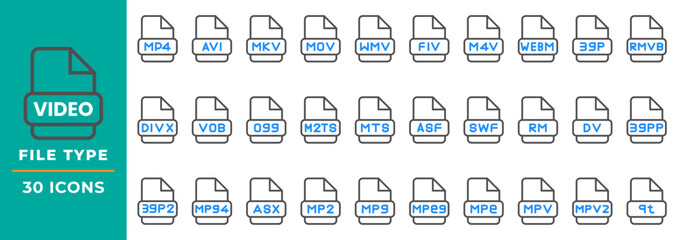 Fototapete - Set video document file type color outline icon. can be used for website, ui and mobile app.