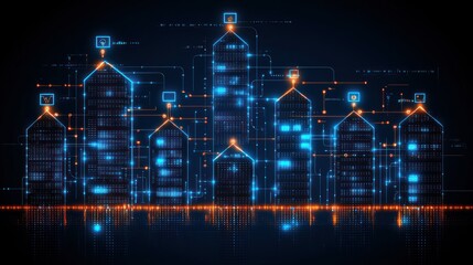 Poster - A digital skyline with glowing buildings and interconnected data lines.