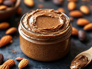 Wall Mural - A jar of creamy almond butter surrounded by scattered almonds, showcasing a rich texture and natural ingredients.