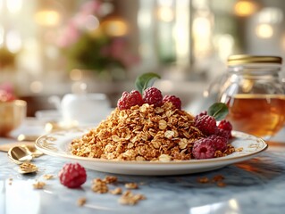 Wall Mural - A delicious serving of granola topped with fresh raspberries and a drizzle of honey, perfect for a healthy breakfast.