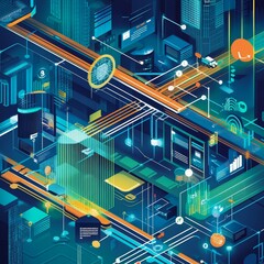 Poster - Digital Cityscape Showcasing Vibrant Technology and Connectivity in a Futuristic Urban Environment Filled With Data Flows and Interactive Elements at Twilight