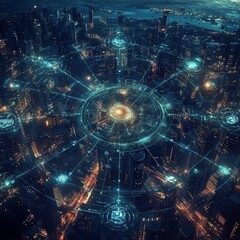 Aufkleber - Vibrant Metropolis Illuminated at Night With Futuristic Holographic Network Above Creating a Stunning Contrast in the City Skyline