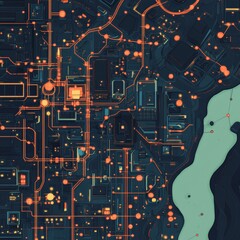 Poster - Urban Digital Landscape Glowing at Night With Interconnected Lines and Bright Nodes Resembling a Futuristic City Beneath a Starry Sky