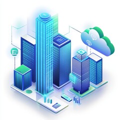 Poster - City Skyline With Futuristic Skyscrapers and Cloud Computing Elements Showcasing the Integration of Technology in Urban Landscapes