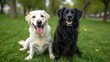 © RABBI - Happy Labrador and Black Dog Sitting on Grass in Park - Aerial View