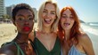 © RABBI - Three Diverse Women Taking a Selfie on Malibu Beach, Black, Brunette, and Redhead Friends Enjoying Summer Fun