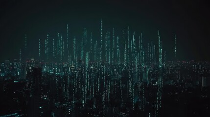 Poster - A digital cityscape with vertical data streams representing technology and urban life.