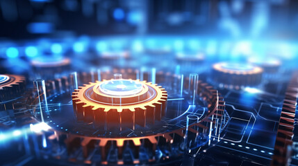 Poster - Digital gears on a futuristic tech background, symbolizing productivity, innovation, and advanced technology in a dynamic environment.