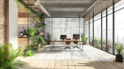 Poster - Modern office interiors bright atmosphere from blueprint to digital rendering
