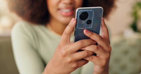 Poster - Hands, phone and woman in home to relax, texting or check social media blog post online. Closeup, mobile or person in living room for communication, news notification or download chat app on internet