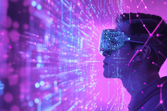 Young man wearing VR virtual reality goggles. Futuristic metaverse digital cyber world technology, AR augmented reality gaming and entertainment background with copy space. 