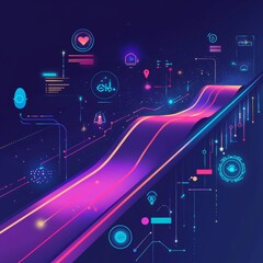 Poster - Vibrant Digital Landscape Showcasing an Abstract Road Illuminated by Neon Colors, Blending Technology and Creativity in a Futuristic Setting