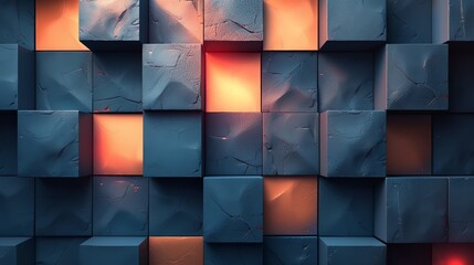 Poster - Abstract dark blue and orange glowing cubes texture background.