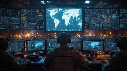 Poster - Military command center with global monitoring screens 