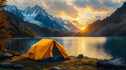 Sunset Camping by Lake: Mountain Tent Adventure