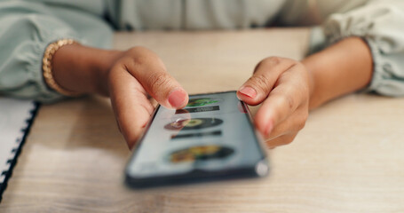 Aufkleber - Phone, app and hands of woman with online order, shopping and digital scroll at desk. Mobile, ads and e commerce with web store, technology and internet search for product purchase on screen