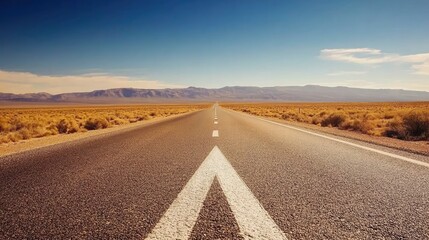 Straight road vanishing into desert landscape under blue sky.