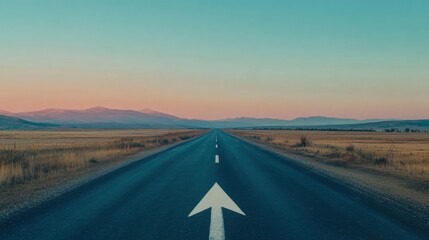 Wall Mural - Straight road with arrow pointing forward at sunrise.