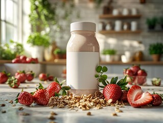 Wall Mural - A smoothie bottle surrounded by fresh strawberries and granola, set in a bright kitchen filled with greenery.