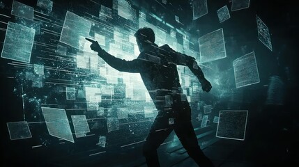 Poster - A silhouette of a person interacting with digital data in a futuristic environment.