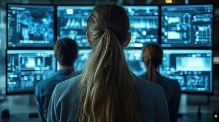 Poster - Individuals analyzing data on multiple screens in a tech setting 