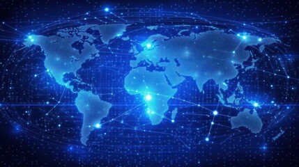 Poster - Blue digital world map with network connections 