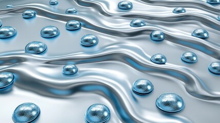 Poster - A metallic surface with blue droplets creating a fluid, dynamic texture.