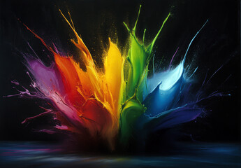 Poster - A vibrant explosion of colors bursts against a dark background, showcasing an artistic blend of paint splashes in different hues. This dynamic visual evokes energy and creativity.
