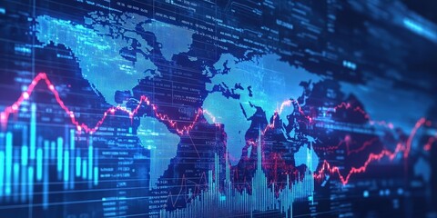 Poster - digital stock market background featuring global charts with glowing data visualizations in blue and