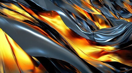 Poster - A dynamic abstract representation of flowing metallic textures in warm and cool tones.